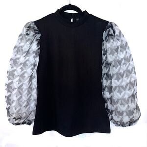 NY&C Blouse Size Med Black Pullover Sheer Puffy Sleeves Button Neck NWT